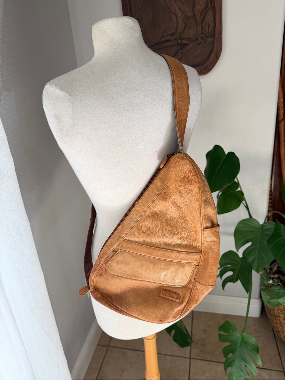 L.L.Bean Leather Sling Backpack Tan Brown Crossbody Shoulder Bag